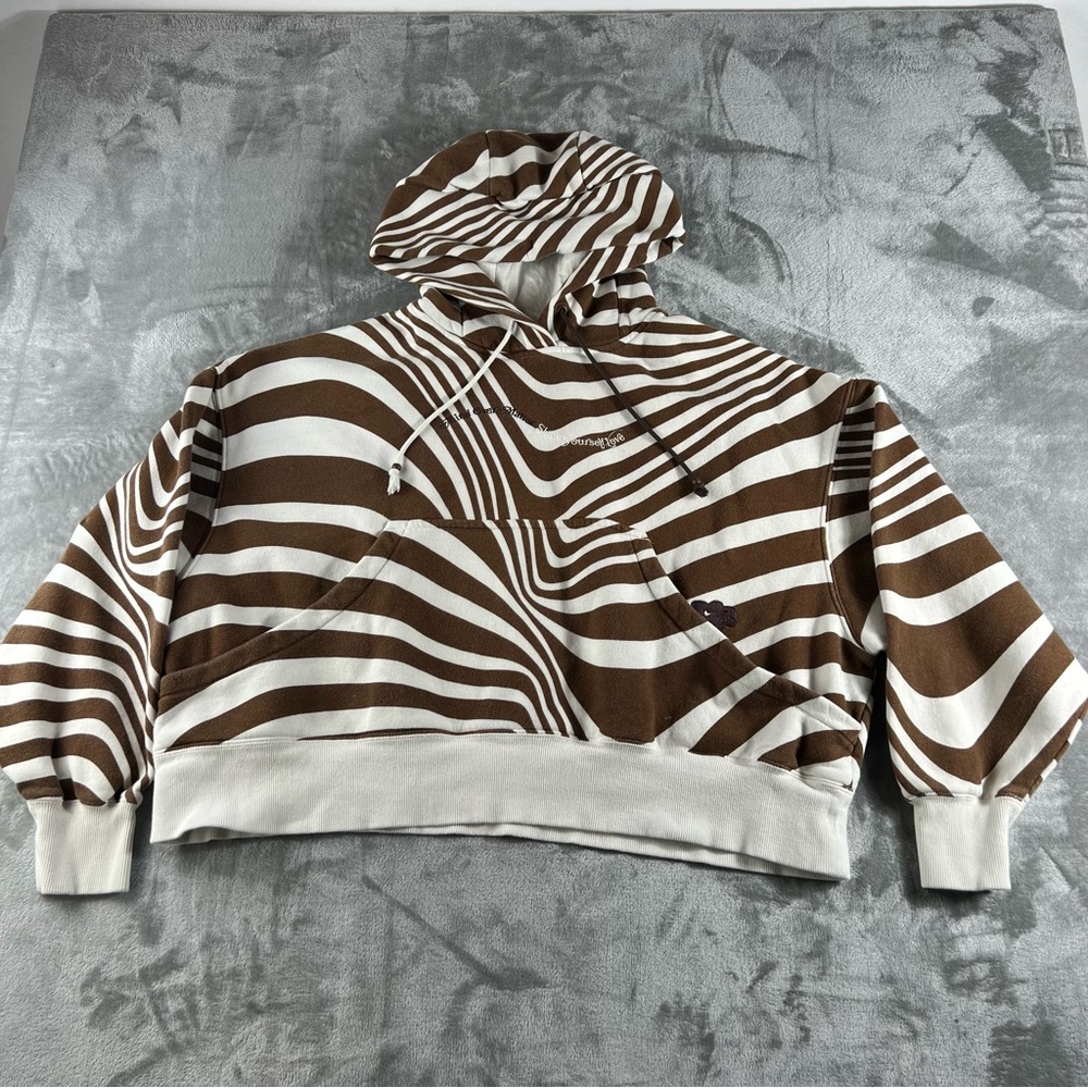 Nike Womens Sz S Oversized Cropped Hoodie Zebra Striped Brown Cream Embroidered
